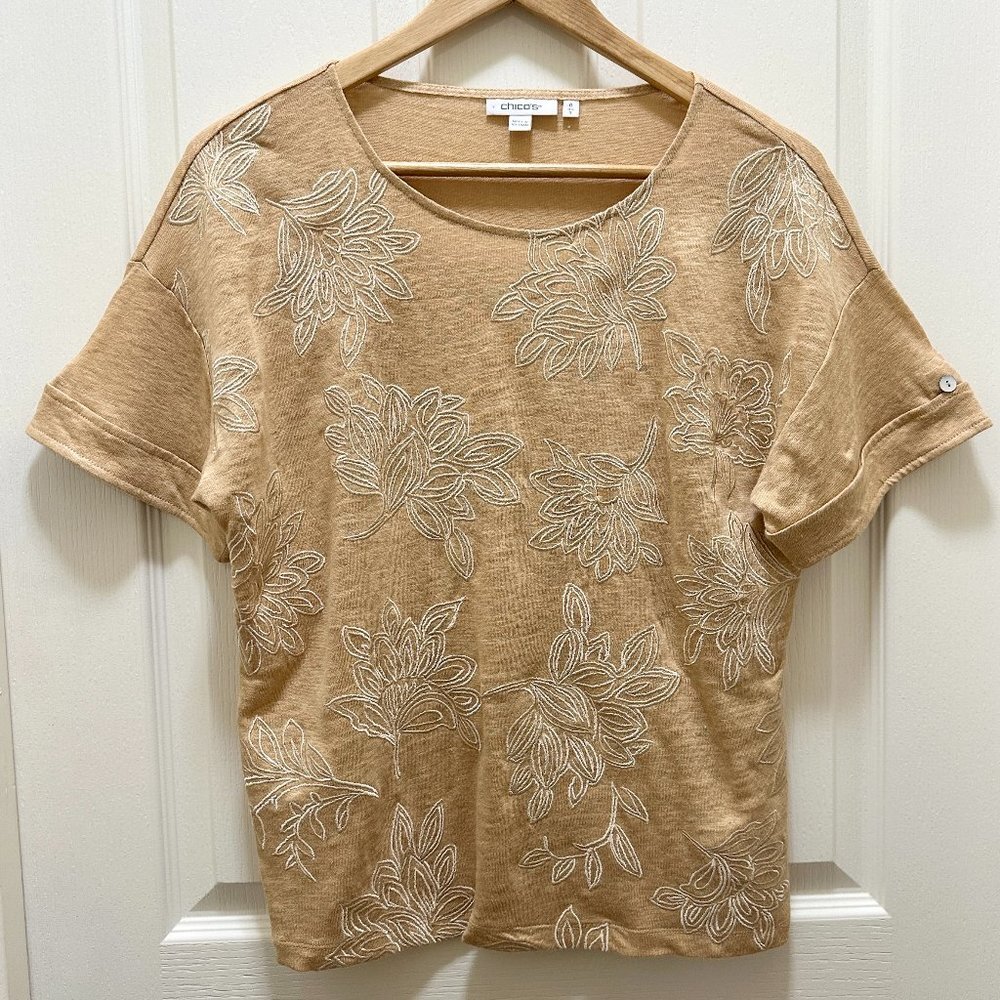 Chicos Women's 100% Linen Embroidered Knit Top Size 0 (Small) Tan Floral Boho